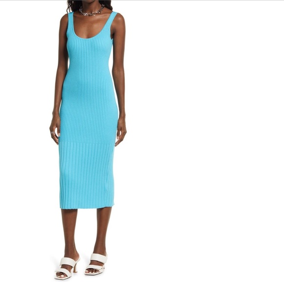 Open Edit Blue Ribbed Sweater Tank Low Back Midi Dress Sz Small - Picture 9 of 11